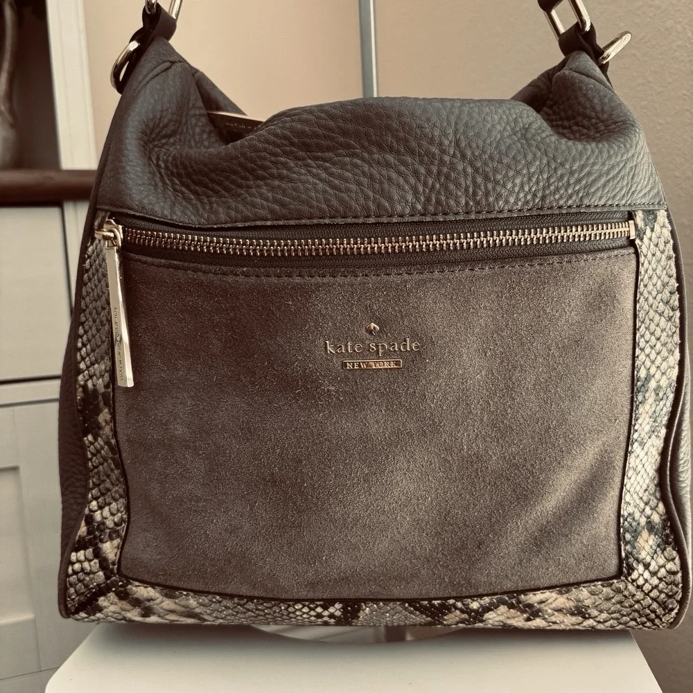 Rare Kate Spade NY Gray Soft Pebbled Leather Suede Hobo Shoulder Bag Snakeskin